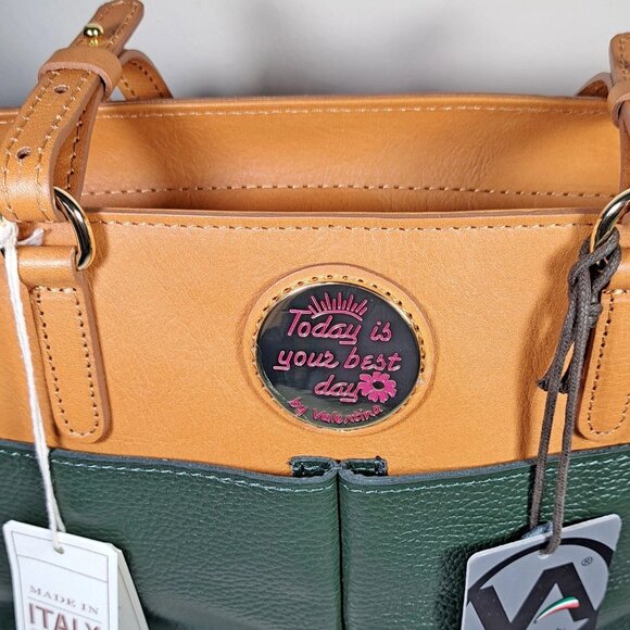 VALENTINA "Today is Your Best Day" Leather Tote Bag Purse Olive Green & Tan NWOT - Picture 5 of 9